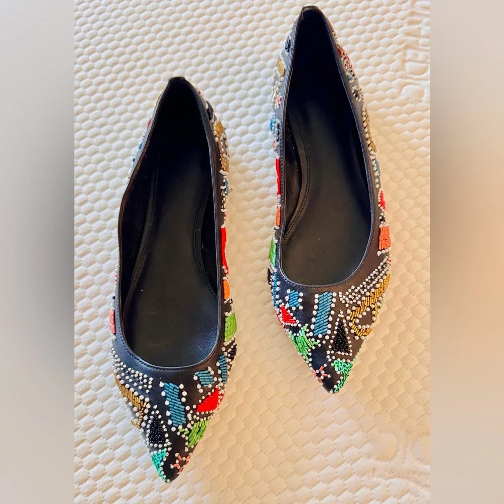 MICHAEL KORS MK Mila Party Colorful Beaded Black Leather Pointed Toe Flats